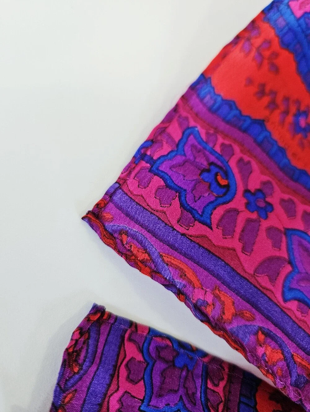 Vintage Vibrant Jewel Tone Paisley Mandela Rolled Edge Long Silk Scarf Foulard
